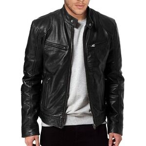 Men's SWORD Black Genuine Lambskin Leather Biker Jacket - Large